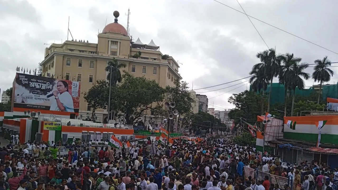 TMC supporters gather for the Martyrs' Day event of the party, in Kolkata