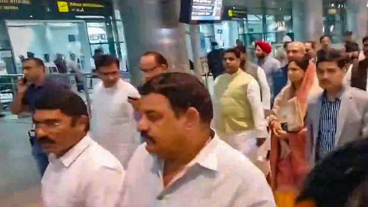 Bihar Congress MLAs reach Hyderabad airport, Sunday, Feb. 4, 2024.
