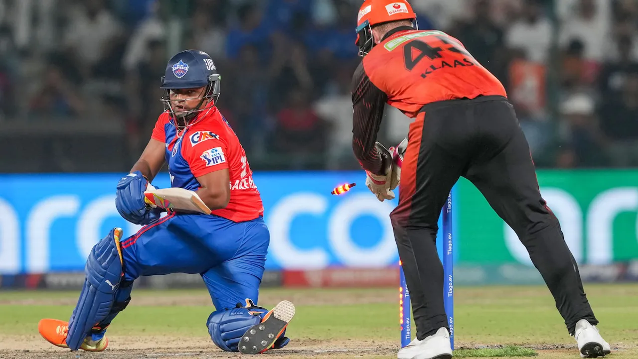 Delhi Capitals batter P Garg misses the ball during the IPL 2023 cricket match against Sunrisers Hyderabad on April 29
