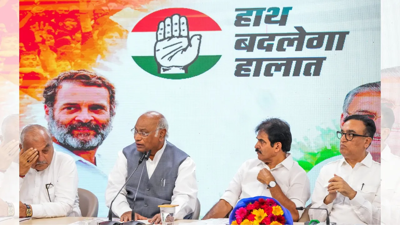 Congress President Mallikarjun Kharge with party leaders Bhupinder Singh Hooda, KC Venugopal and Ajay Maken addresses the media during the announcement of guarantees for the upcoming Haryana Assembly elections, in New Delhi, Wednesday, Sept. 18, 2024.