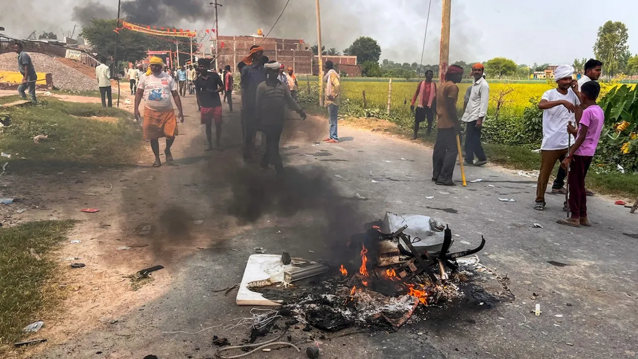 An object that was set on fire by some miscreants in a violence-affected area, in Bahraich, Uttar Pradesh, Monday, Oct. 14, 2024.