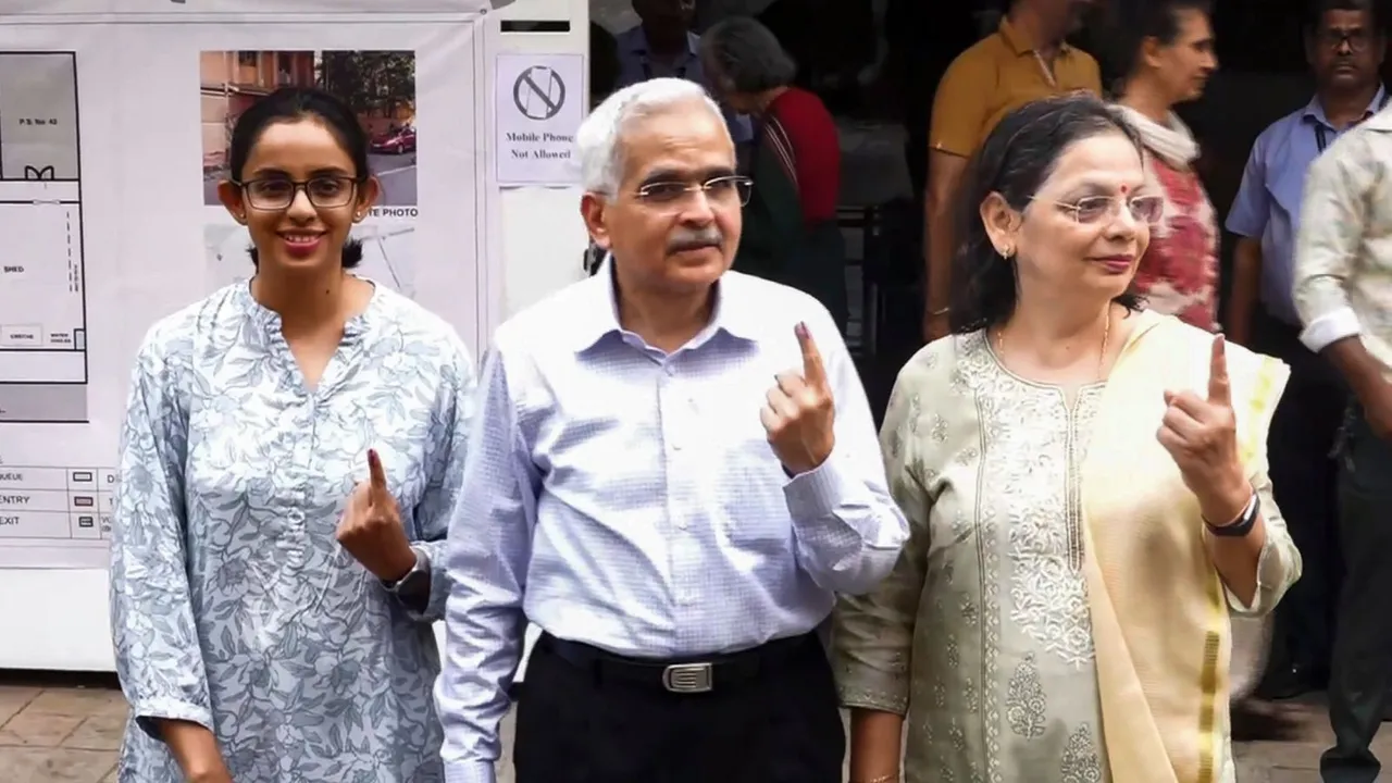 RBI Governor Shaktikanta Das shows his inked finger after casting his vote during the fifth phase of Lok Sabha elections, in Mumbai, Monday, May 20, 2024.