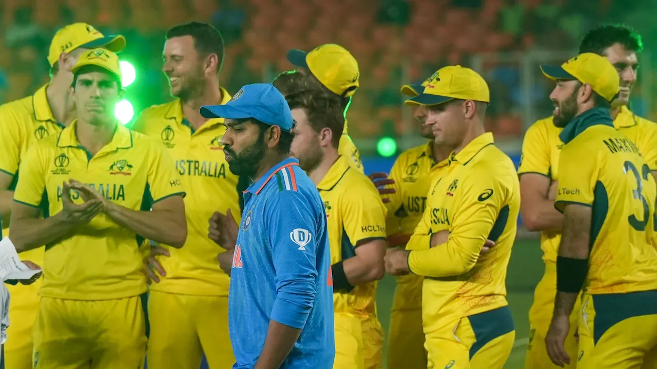 Rohit Sharma and Australian players during the presentation ceremony of the ICC Men’s Cricket World Cup 2023 at the Narendra Modi Stadium, in Ahmedabad, Sunday, Nov. 19, 2023.