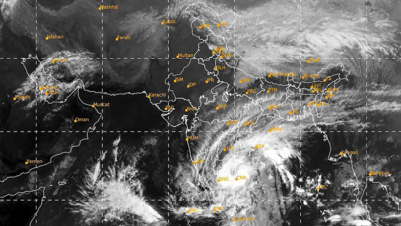 Satellite image taken between 06:00 pm and 06:26 pm IST shows the location of Cyclone Michaung in the Bay of Bengal, on Monday, Dec. 4, 2023. 