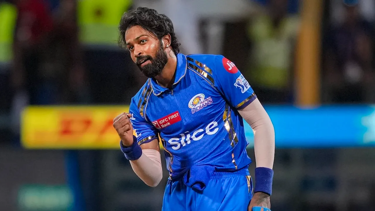 Mumbai Indians bowler Hardik Pandya celebrates the wicket of Sunrisers Hydrabad batsman Marco Jansen during the Indian Premier League (IPL) 2024 T20 cricket match between Mumbai Indians and Sunrisers Hydrabad, at Wankhede Stadium in Mumbai, Monday, May 6, 2024. 