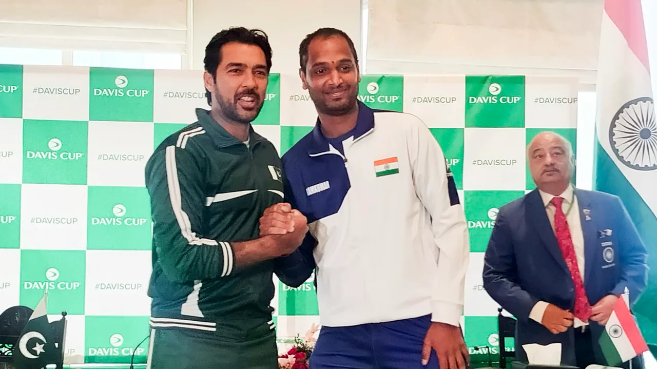 India's Ramkumar Ramanathan and Pakistan's Aisam-ul-Haq Qureshi ahead of their Davis Cup match, at Islamabad Sports Complex