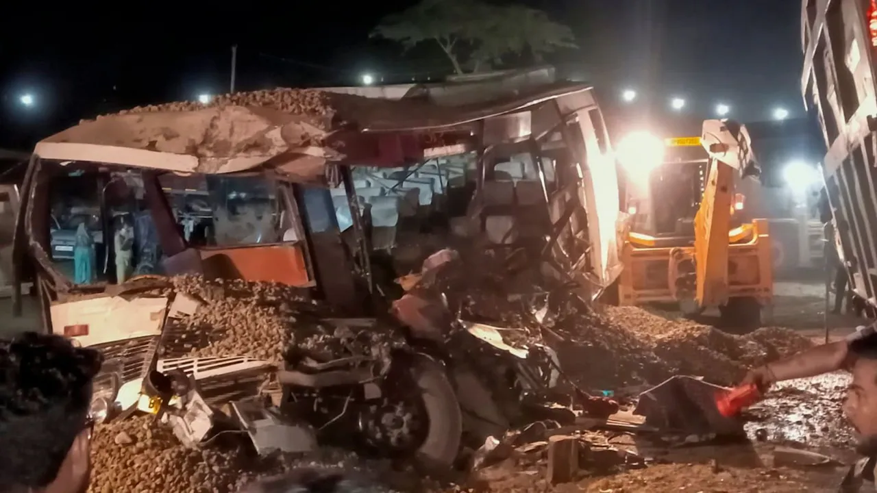 Locals gather after a dumper truck overturned on a bus, in Shahjahanpur, Saturday night, May 25, 2024