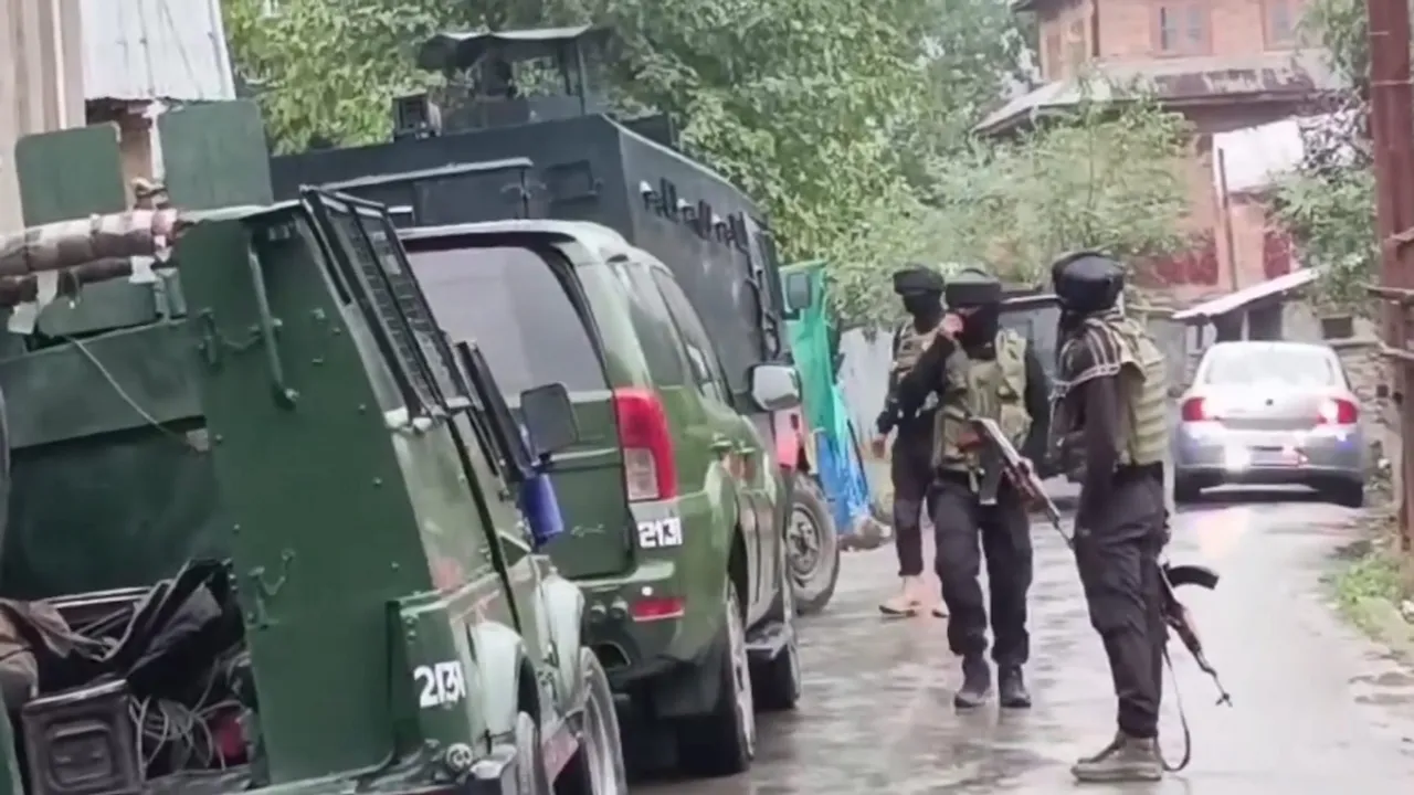 Security personnel during an encounter with militants at Adigam area, in Kulgam district, Jammu and Kashmir, Saturday, Sept. 28, 2024.