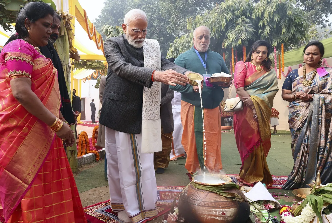 Prime Minister Narendra Modi offers prayers at a programme organised on the occasion of Pongal festival, in New Delhi