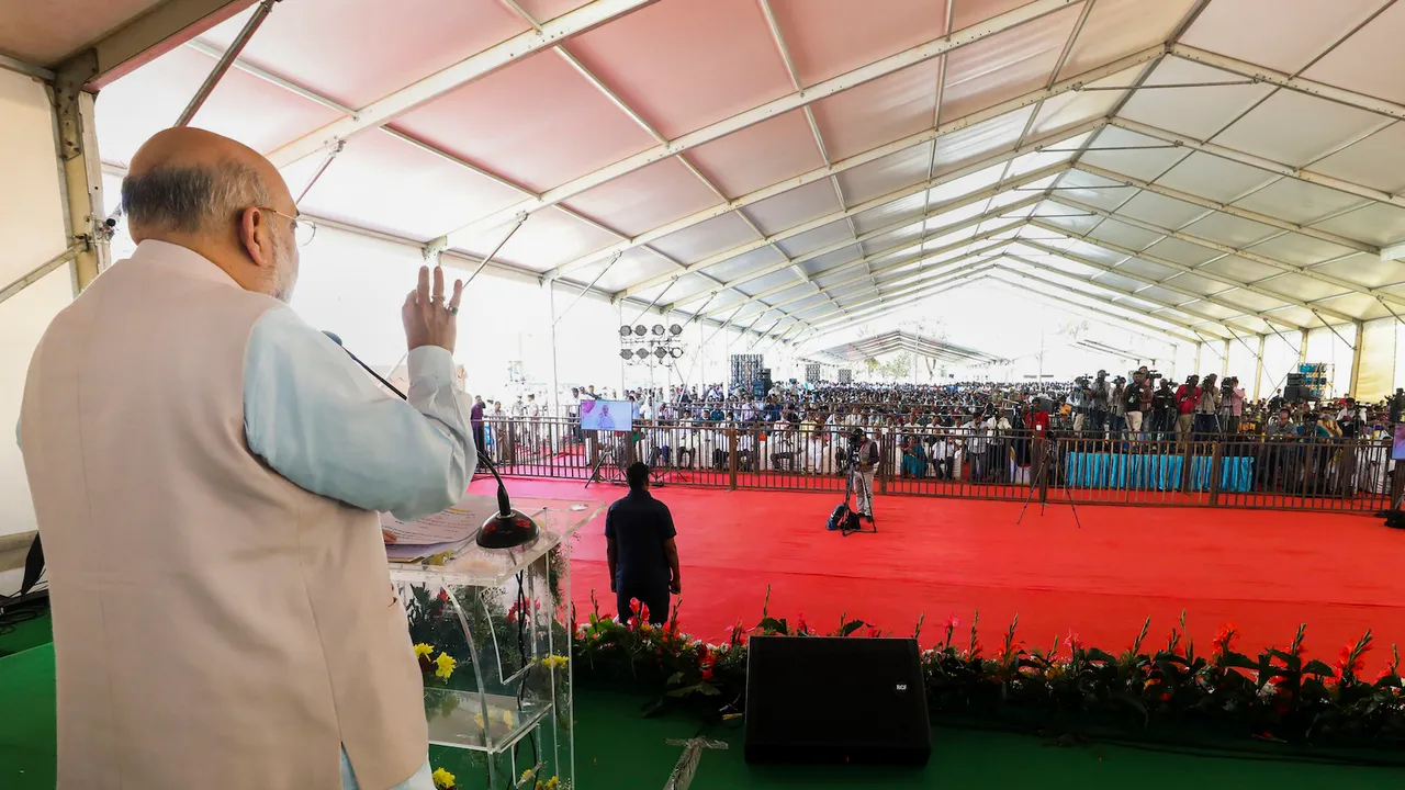 Union Home Minister Amit Shah addresses during the inauguration of Mega dairy in Mandya