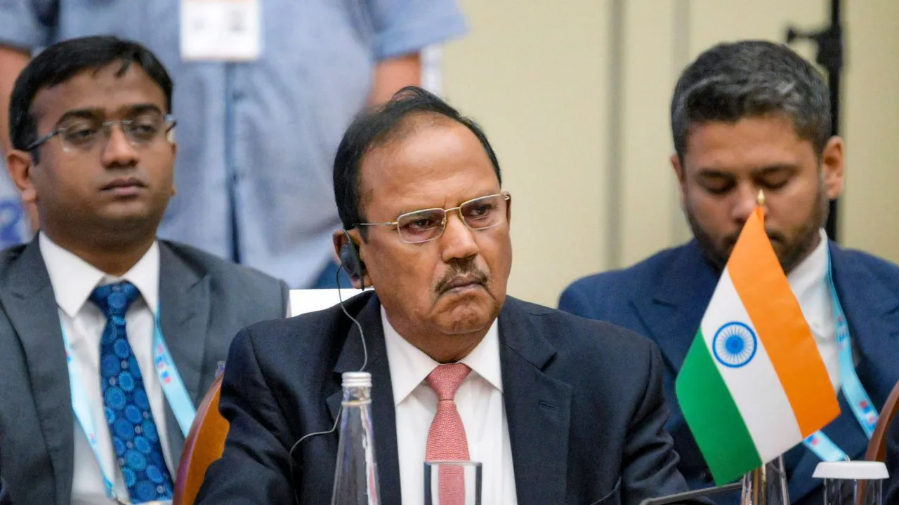 National Security Advisor (NSA) Ajit Doval with others during the BRICS NSAs meeting, in St. Petersburg, Russia.
