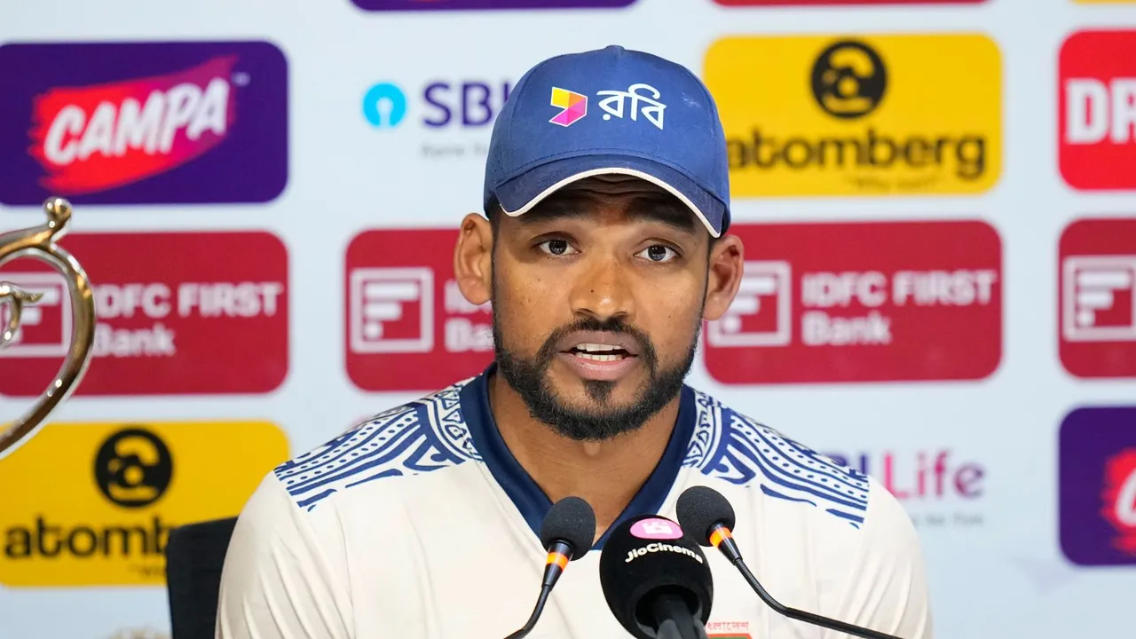 Bangladesh's cricket team captain Najmul Hossain Shanto addresses a press conference ahead of the first Test match between India and Bangladesh, in Chennai, Wednesday, Sept. 18, 2024.