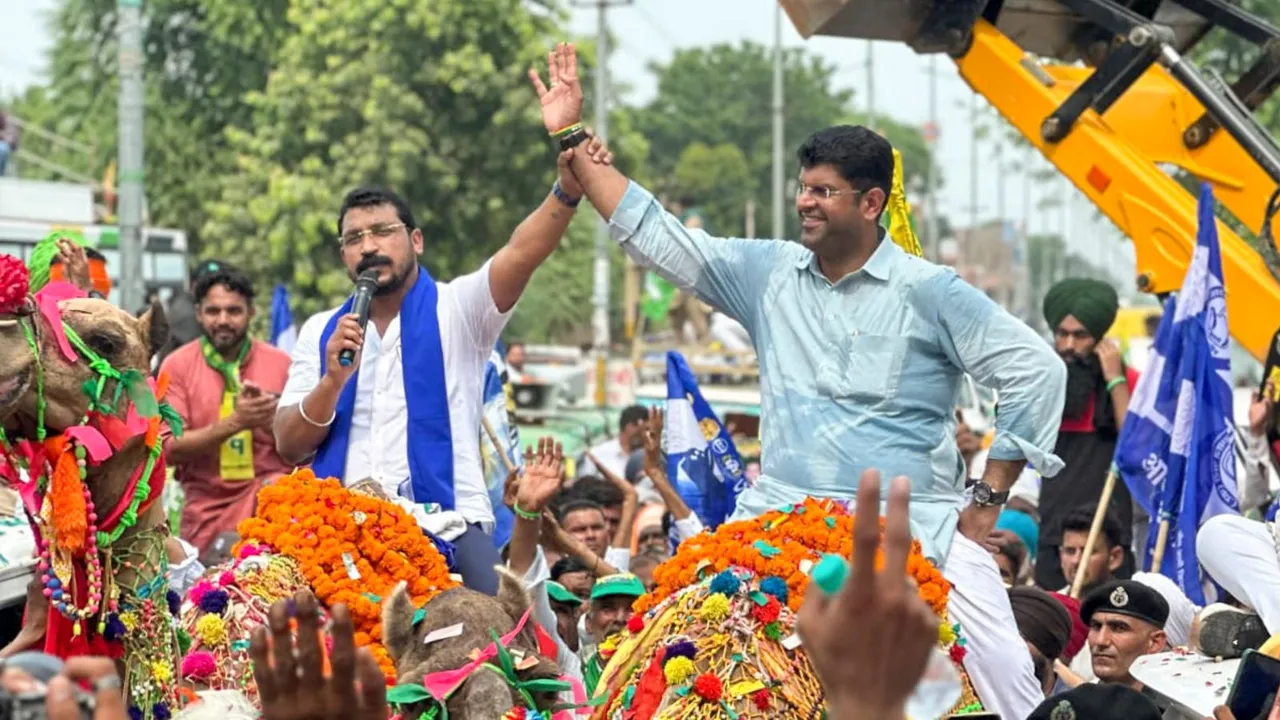 JJP laeder Dushyant Chautala with ASP leader Chandra Shekhar Azad during his nomination filing procession in Dabwali, Tuesday, Sept. 10, 2024.