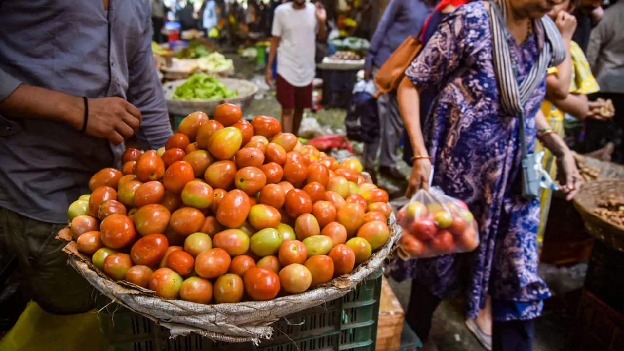 Tomotoes on display for sale at an Agricultural Produce Market Committee (APMC) market, in Mumbai