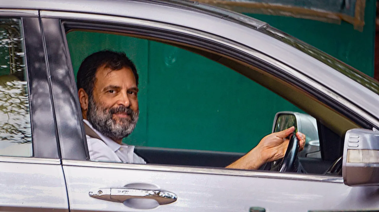 Congress leader Rahul Gandhi leaves his residence in New Delhi, Sunday, March 19, 2023. The Delhi Police Sunday reached his residence in connection with a notice issued to him over his “women are still being sexually assaulted” remark made during the Bharat Jodo Yatra. 
