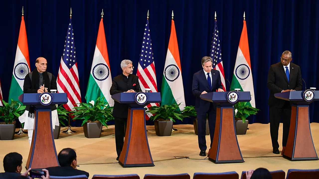 In this Tuesday, April 12, 2022, file photo, Defence Minister Rajnath Singh, External Affairs Minister S. Jaishankar, U.S. Secretary of State Antony Blinken and U.S. Defense Secretary Lloyd Austin (right)
