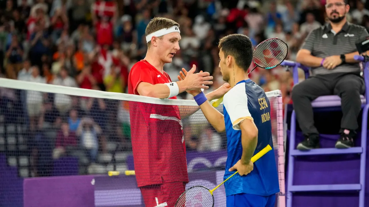 India's Lakshya Sen congratulates Denmark's Viktor Axelsen for winning the Men's Singles Semifinal badminton match at the 2024 Summer Olympics, in Paris, France, Sunday, Aug. 4, 2024.