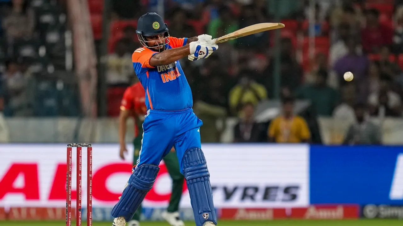 Sanju Samson plays a shot during the third and final T20 International cricket match between India and Bangladesh at Rajiv Gandhi International Cricket Stadium, in Hyderabad, Saturday, Oct. 12, 2024. 