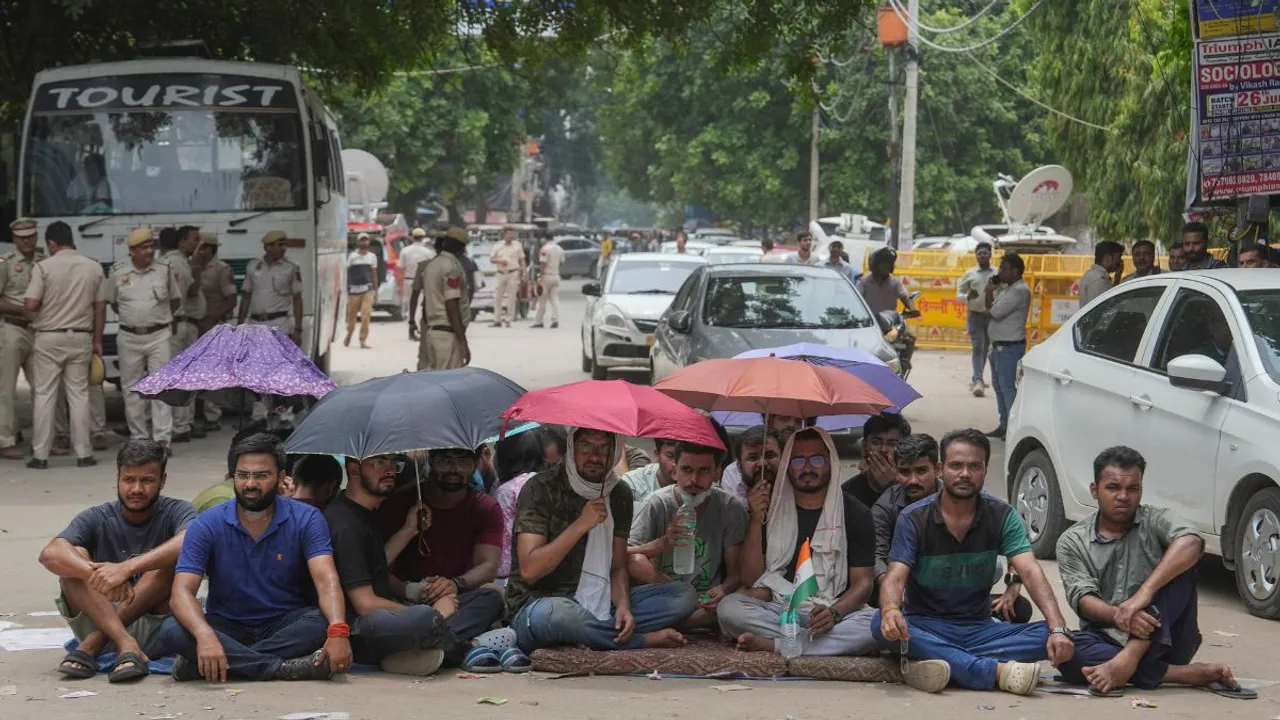 Students stage a protest after three civil services aspirants died due to drowning at a coaching centre in Old Rajinder Nagar area, in New Delhi, Wednesday, July 31, 2024