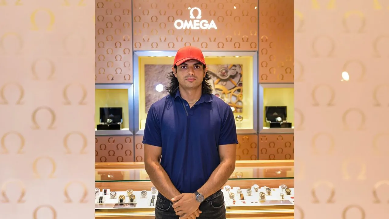 Olympic Gold medalist Javelin thrower Neeraj Chopra poses for photos during an event for OMEGA, in Doha, Wednesday, May 8, 2024