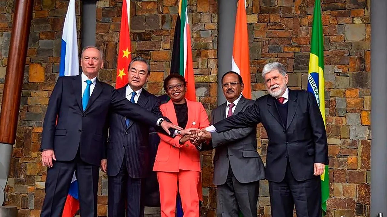 NSA Ajit Doval (2R) with other member countries NSAs poses at the BRICS National Security Advisors' meeting, in Johannesburg, South Africa