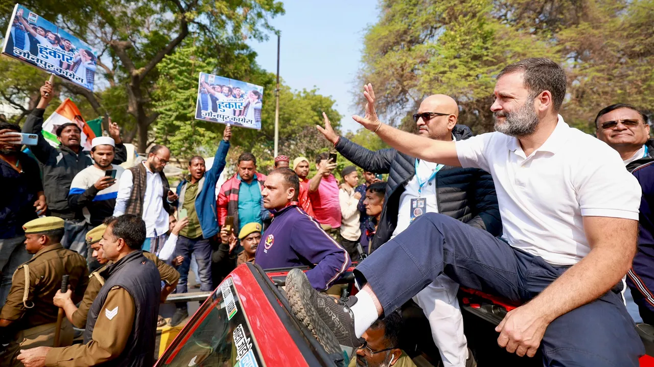 Congress leader Rahul Gandhi waves at supporters during the ‘Bharat Jodo Nyay Yatra’, in Varanasi