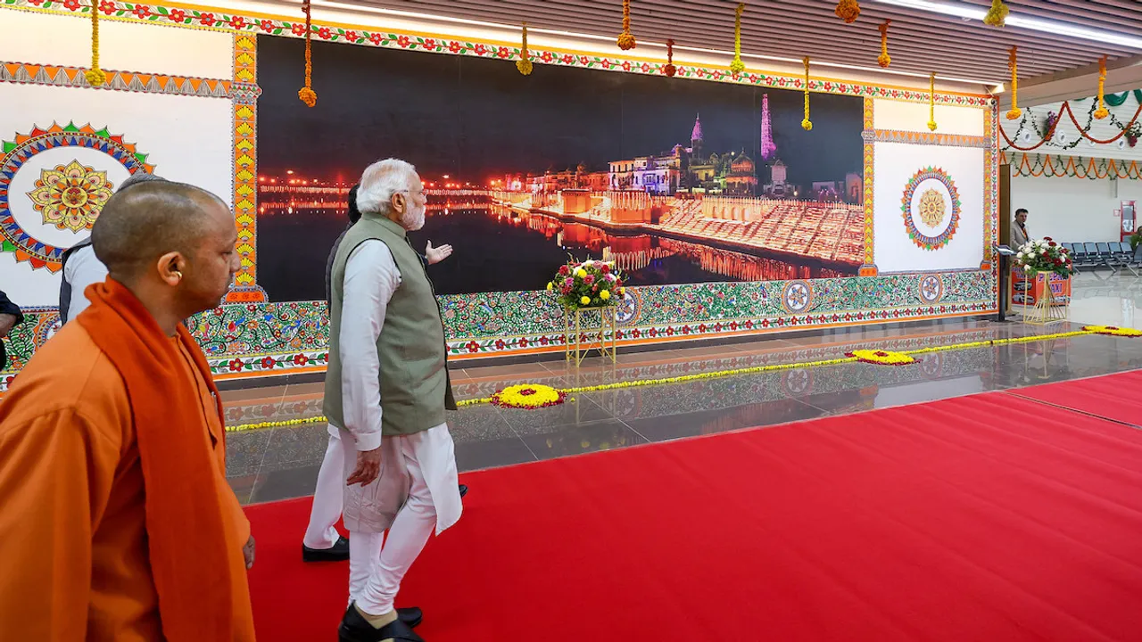 Narendra Modi with Yogi Adityanath during the inauguration of Maharshi Valmiki International Airport, in Ayodhya, Saturday, Dec. 30, 2023.