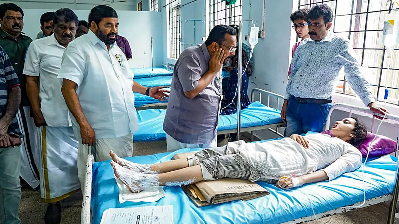 Kerala Ministers K Rajan, VN Vasavan and others meet the injured of the Kochi's Convention Center explosion, at a hospital in Ernakulam, Sunday, Oct. 29, 2023.