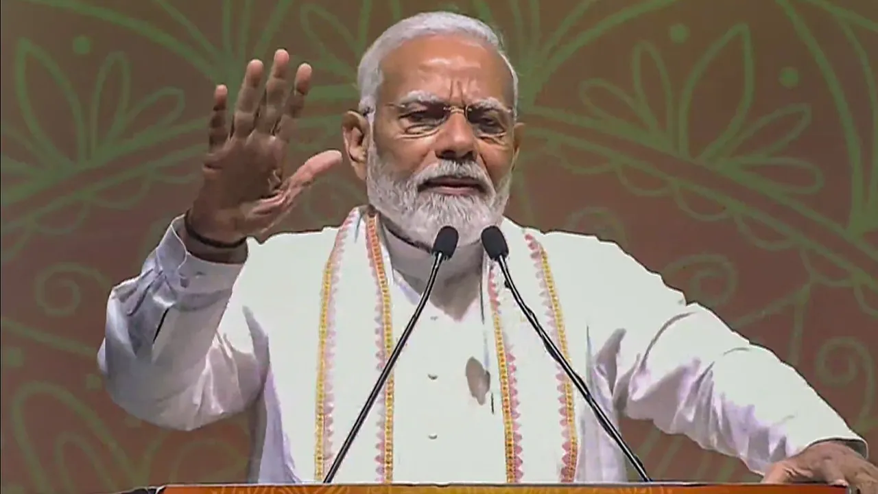 Prime Minister Narendra Modi speaking during inauguration of the 2550th Bhagwan Mahavir Nirvan Mahotsav at Bharat Mandapam, in New Delhi, Sunday, April 21, 2024