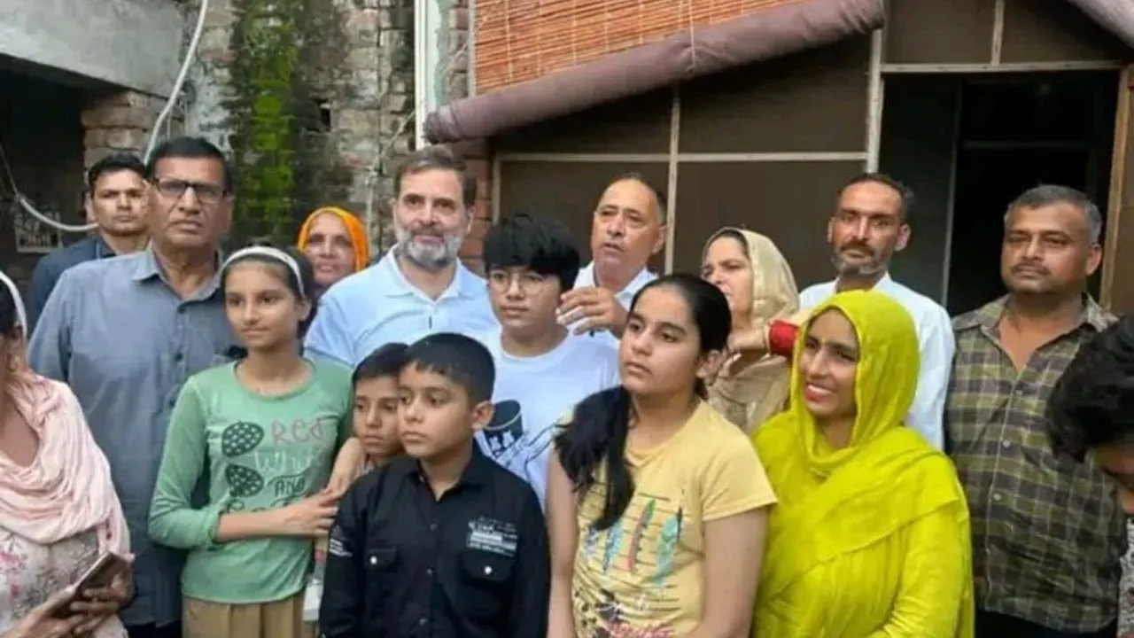 Leader of Opposition in Lok Sabha Rahul Gandhi during a visit to Ghogripur village with the family of Amit, a young man who was injured in a road accident in the US, in Karnal district, Friday, Sept. 20, 2024.