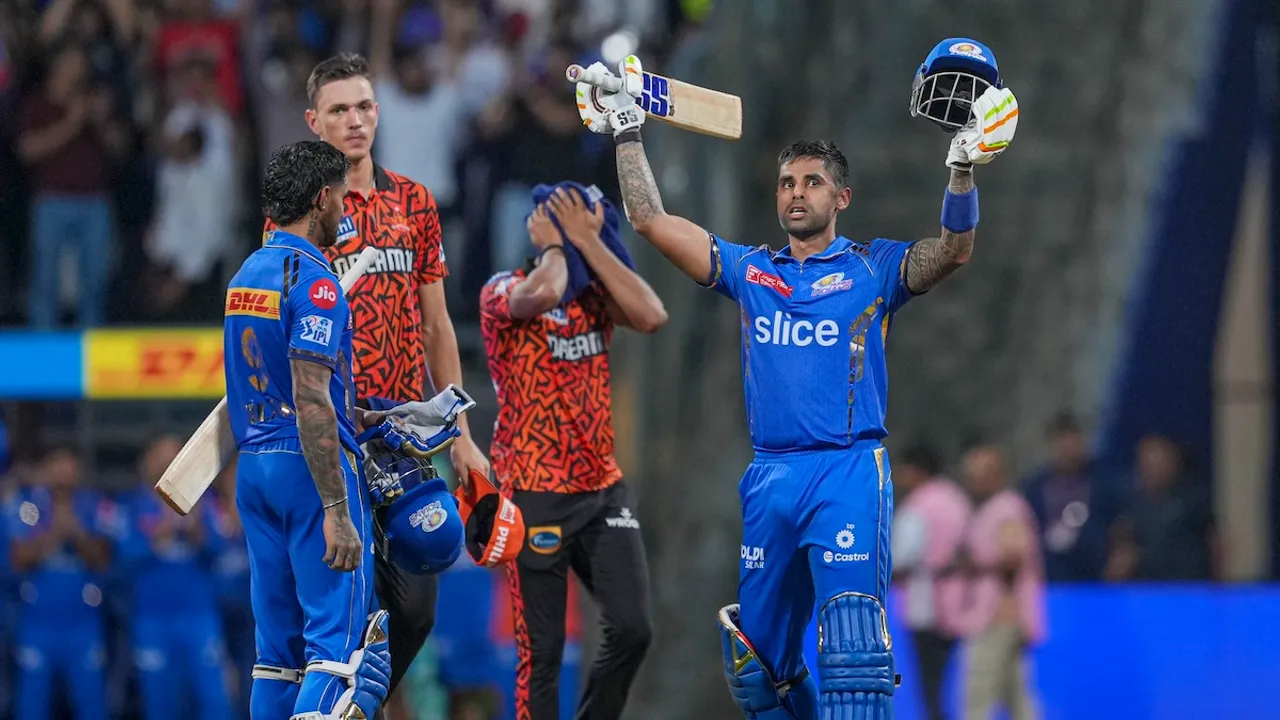 Mumbai Indians player Suryakumar Yadav celebrates his century during the Indian Premier League (IPL) 2024 T20 cricket match between Mumbai Indians and Sunrisers Hydrabad, at Wankhede Stadium in Mumbai, Monday, May 6, 2024.