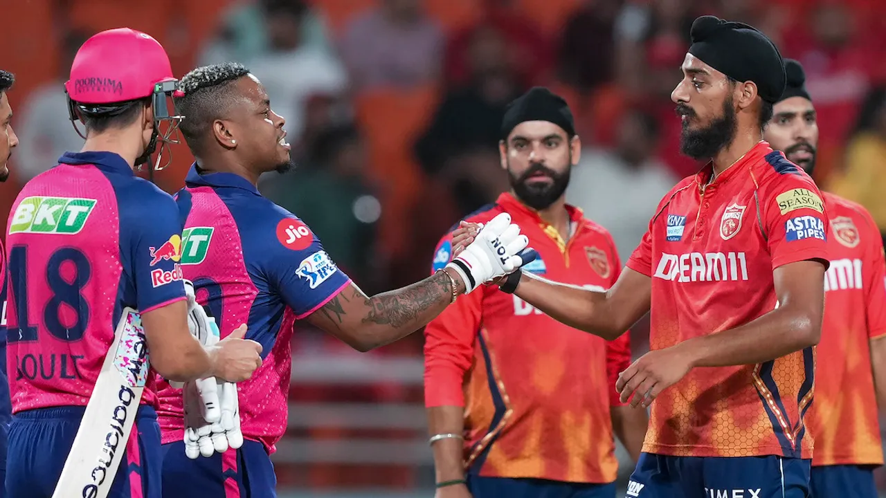 Rajasthan Royals batter Shimron Hetmyer and Punjab Kings Arshdeep Singh exchange greetings at Maharaja Yadavindra Singh International Cricket Stadium, in Mullanpur, Mohali, Saturday, April 13, 2024. Rajasthan Royals won the match by 3 wickets.