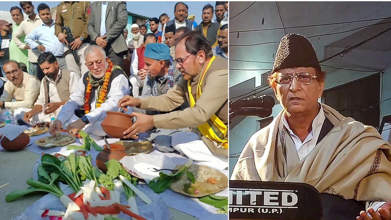 BJP leader Mukhtar Abbas Naqvi and SP leader Azam Khan during campaining for Rampur Sadar Assembly bypoll