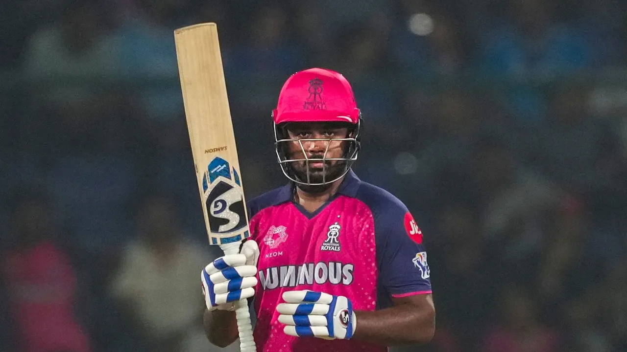 Rajasthan Royals batter Sanju Samson celebrates his half-century during the Indian Premier League (IPL) 2024 cricket match between Delhi Capitals and Rajasthan Royals