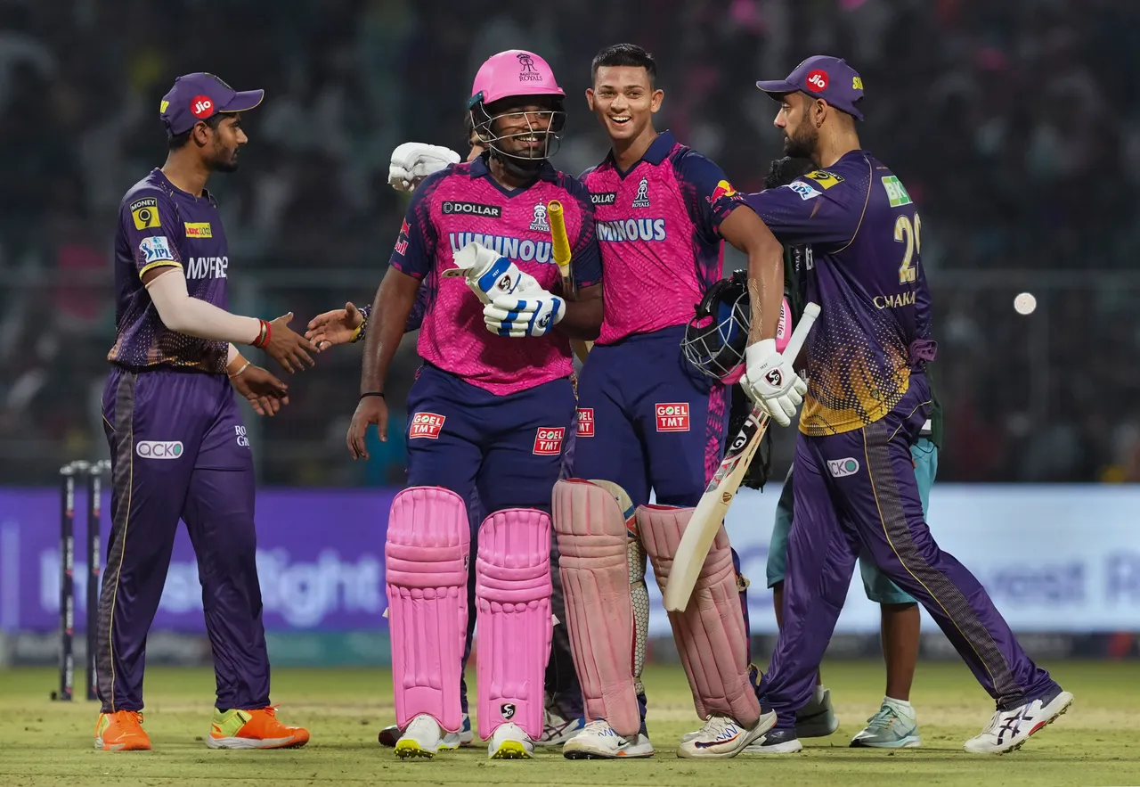 Rajasthan Royals batters Yashasvi Jaiswal and Sanju Samson celebrate after winning the IPL 2023 cricket match