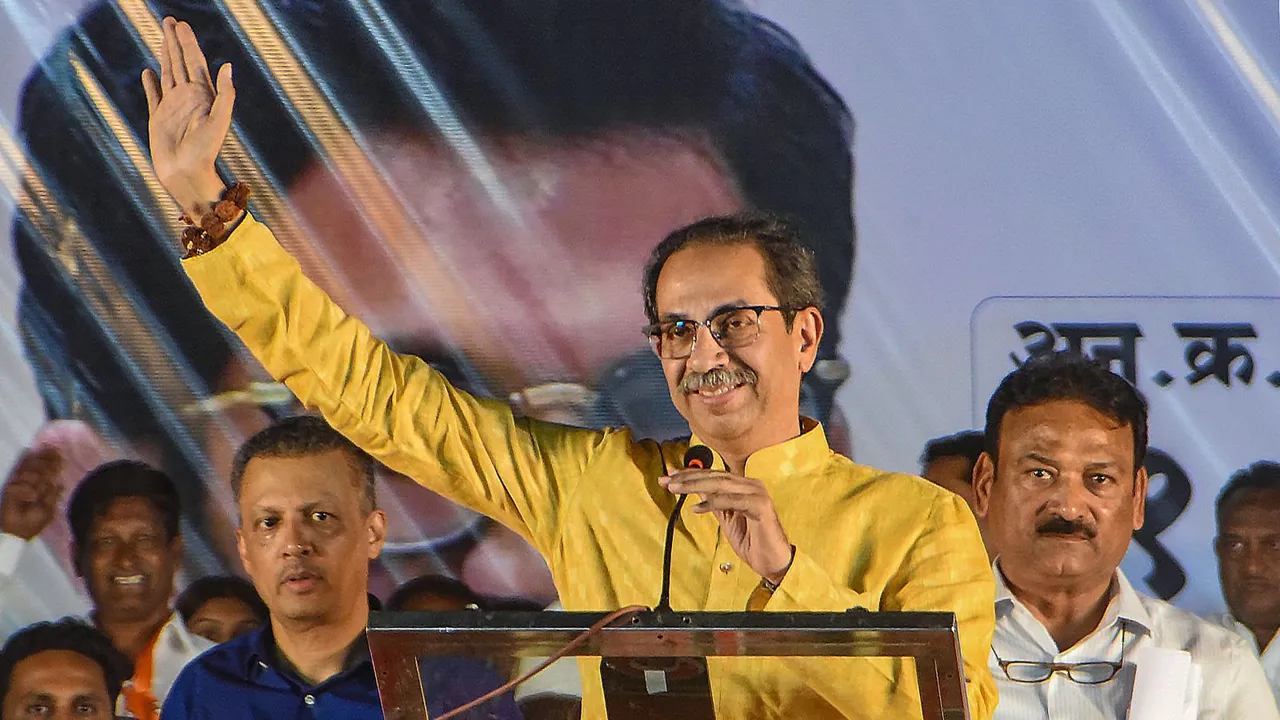 Shiv Sena (UBT) Chief Uddhav Thackeray addresses during a public meeting for Lok Sabha elections