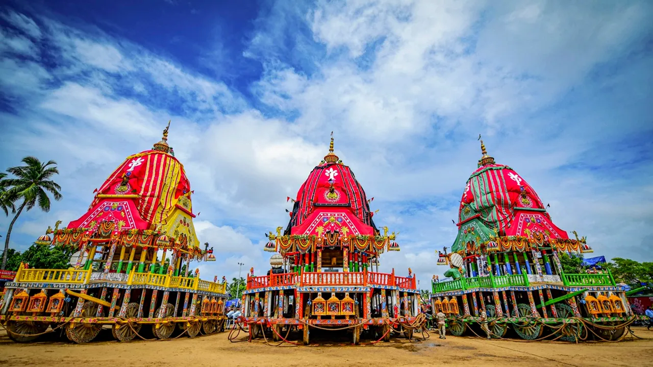 Chariots of Lord Jagannath, Goddess Subhadra, and Lord Balabhadra during the return car festival of Lord Jagannath, known as the 'Bahuda Yatra, in Puri, Monday, July 15, 2024
