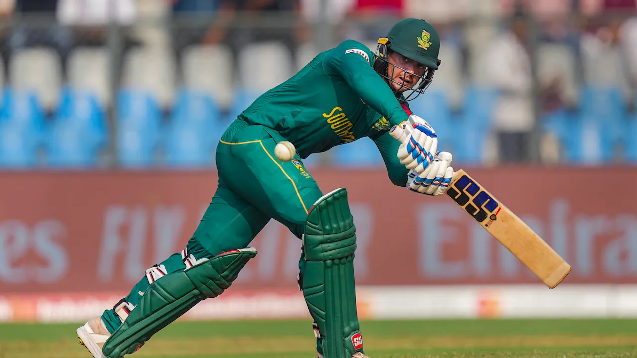 South Africa’s Quinton De Kock plays a shot during the ICC Men’s Cricket World Cup 2023 match between Bangladesh and South Africa, in Mumbai, Tuesday, Oct. 24, 2023