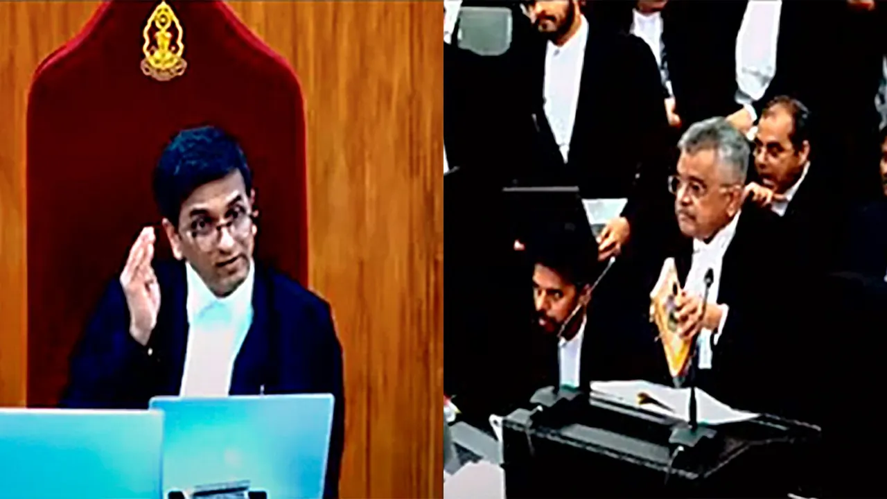 Chief Justice of India D.Y. Chandrachud (L) reacts during hearing on the Electoral Bonds case, in New Delhi