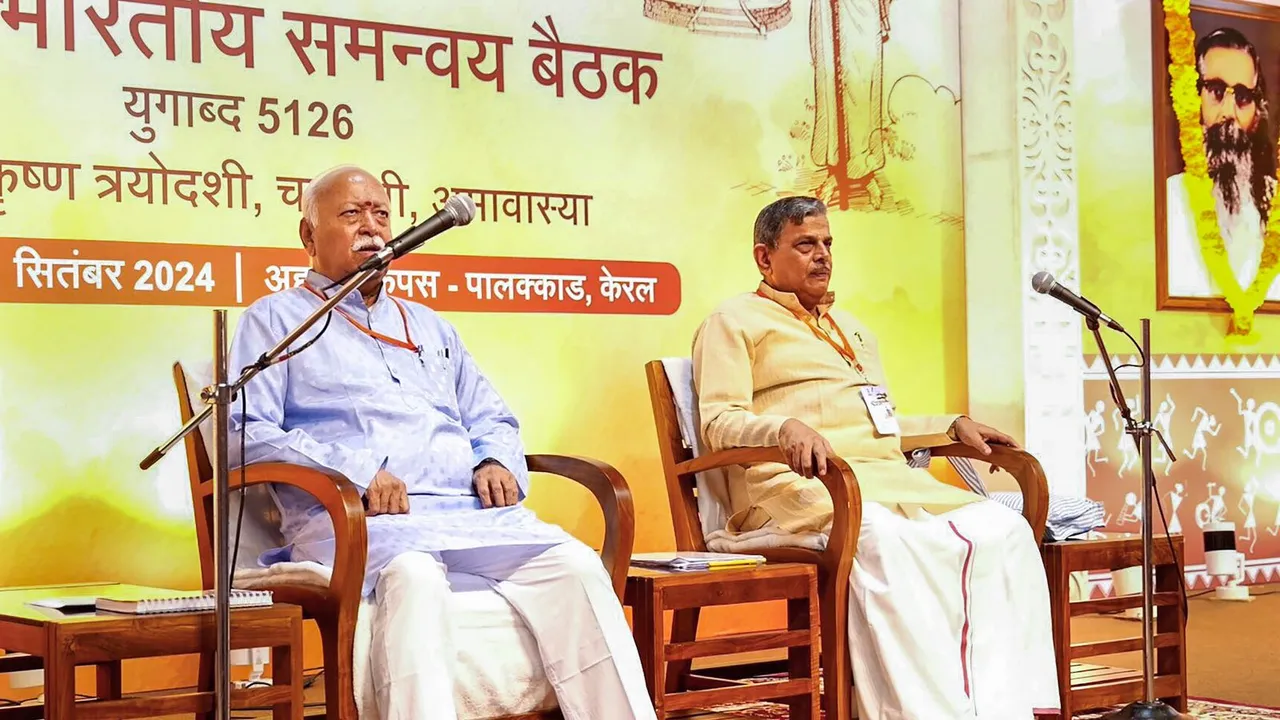 RSS chief Mohan Bhagwat and Sarkaryavah Dattatreya Hosabale, during the All India Coordination Meeting, in Palakkad, Kerala