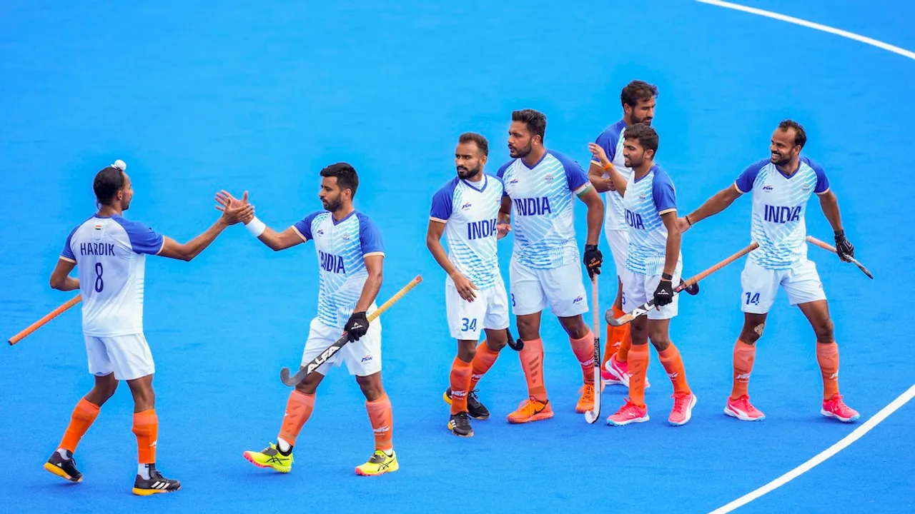 Indian Hockey Team celebrates after beating Australia at the 2024 Summer Olympics, at Yves-du-Manoir Stadium, in Colombes, France, Friday, Aug. 2, 2024.