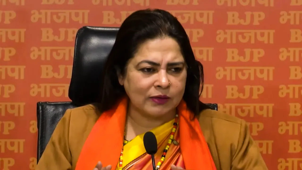 Union Minister Meenakshi Lekhi addresses a press conference at BJP headquarters in New Delhi