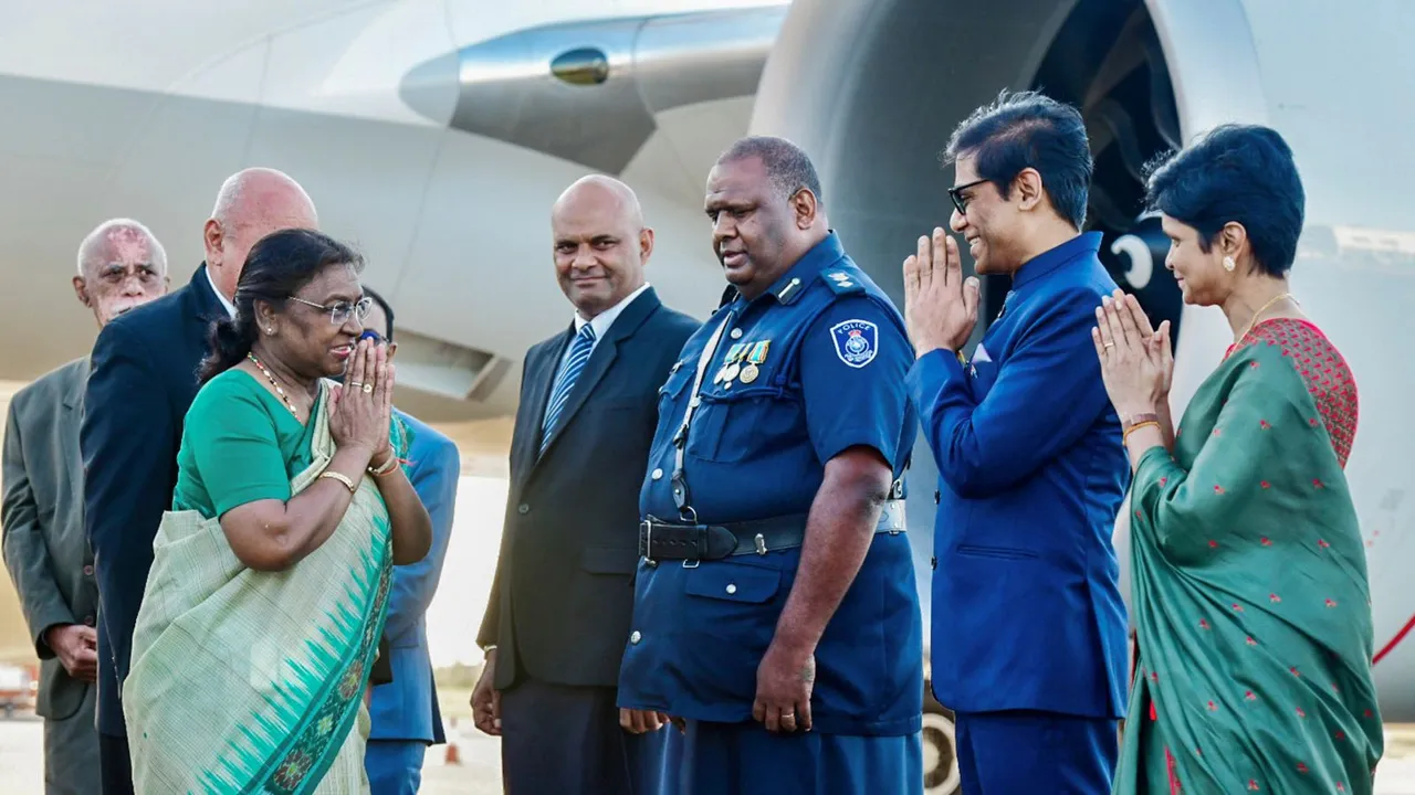 President Droupadi Murmu being received as she arrives at the Nadi airport, in Republic of Fiji, Monday, Aug. 5, 2024.