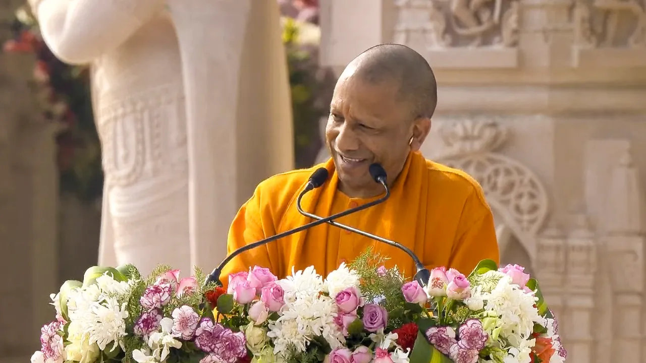 Uttar Pradesh Chief Minister Yogi Adityanath addresses a gathering after the 'Pran Pratishtha' ceremony at the Ram Mandir, in Ayodhya