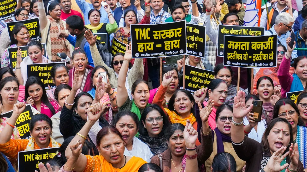 Delhi BJP workers shout slogans during a protest against the West Bengal government over Sandeshkhali issue, in New Delhi, Friday, March 1, 2024.