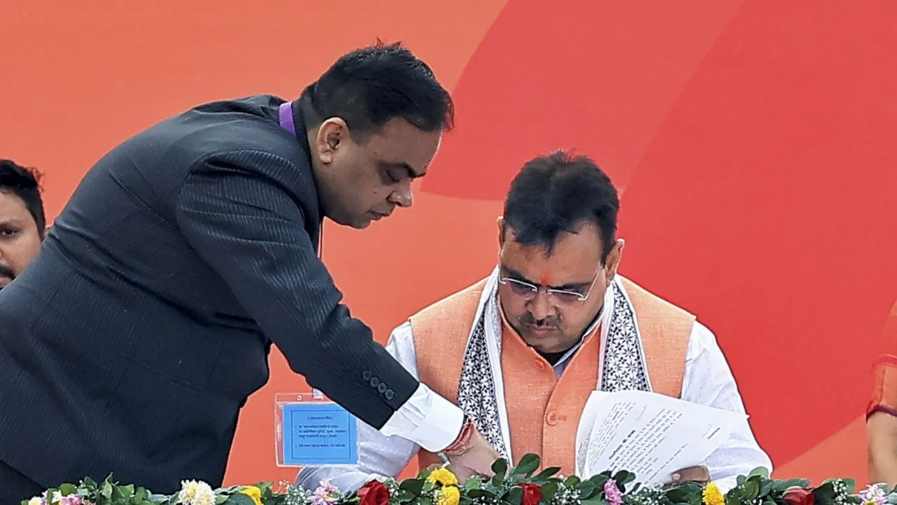 BJP leader Bhajan Lal Sharma after taking oath as Rajasthan Chief Minister during his swearing-in ceremony, in Jaipur,