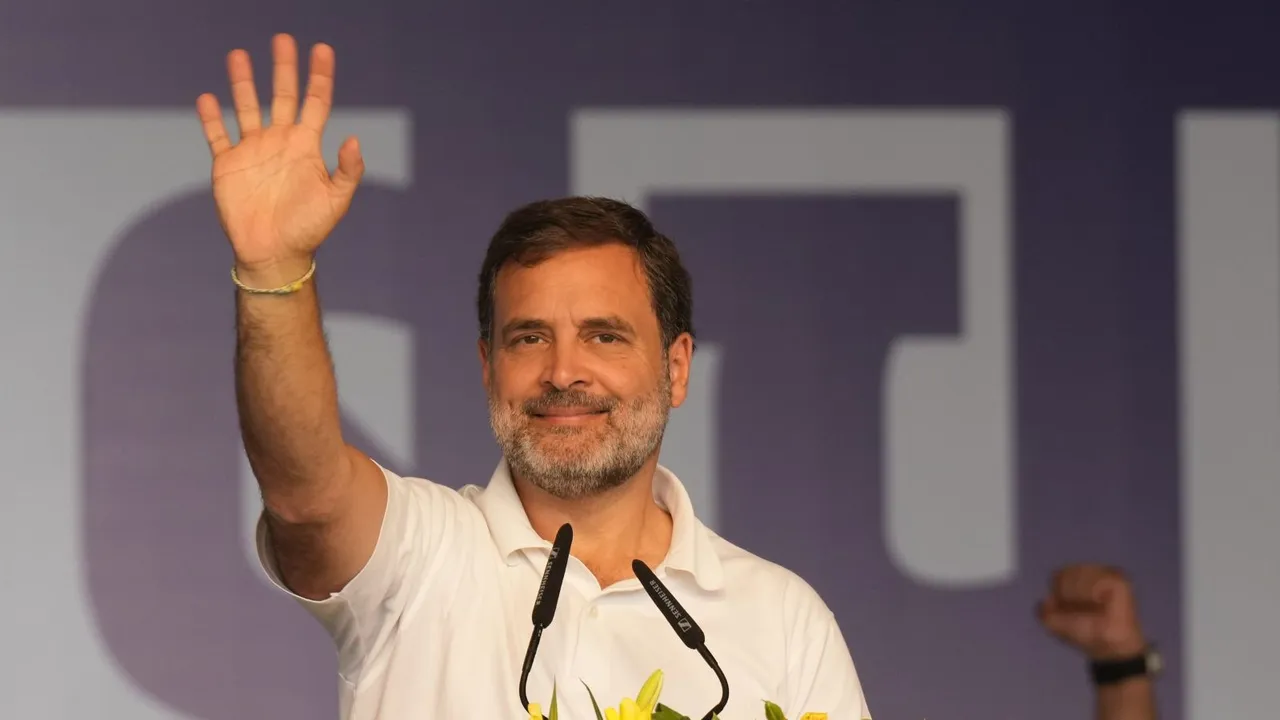 Congress leader Rahul Gandhi waves as he addresses I.N.D.I.A. bloc's 'Loktantra Bachao Rally' at Ramleela Maidan, in New Delhi, Sunday, March 31, 2024