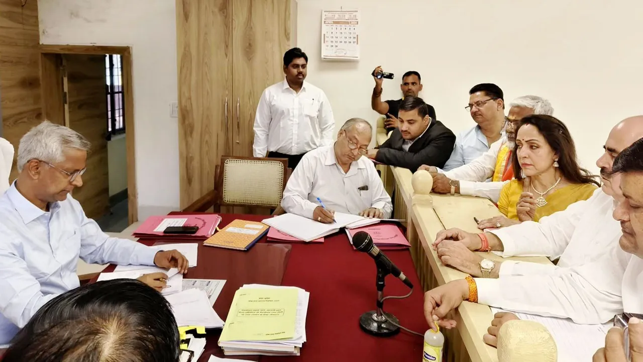Actor and BJP candidate Hema Malini files her nomination papers for the upcoming Lok Sabha elections, at the District Collectorate in Mathura, Thursday, April 4, 2024