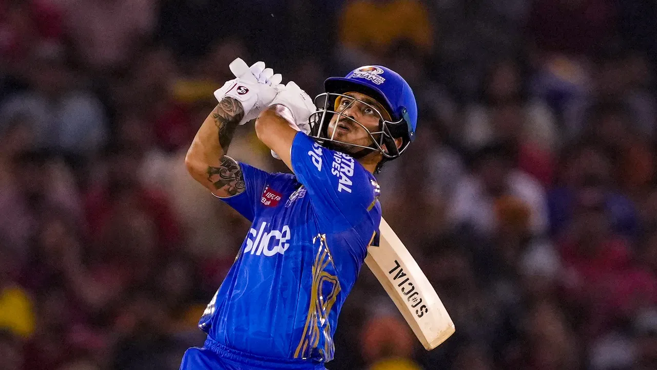 Mumbai Indians batter Ishan Kishan plays a shot against Punjab Kings on May 3