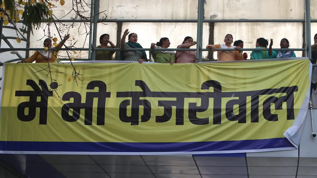 AAP workers and supporters raise slogans during a protest over the arrest of Delhi Chief Minister Arvind Kejriwal in connection with an excise policy-linked money-laundering case, at ITO in New Delhi, Sunday, March 24, 2024.